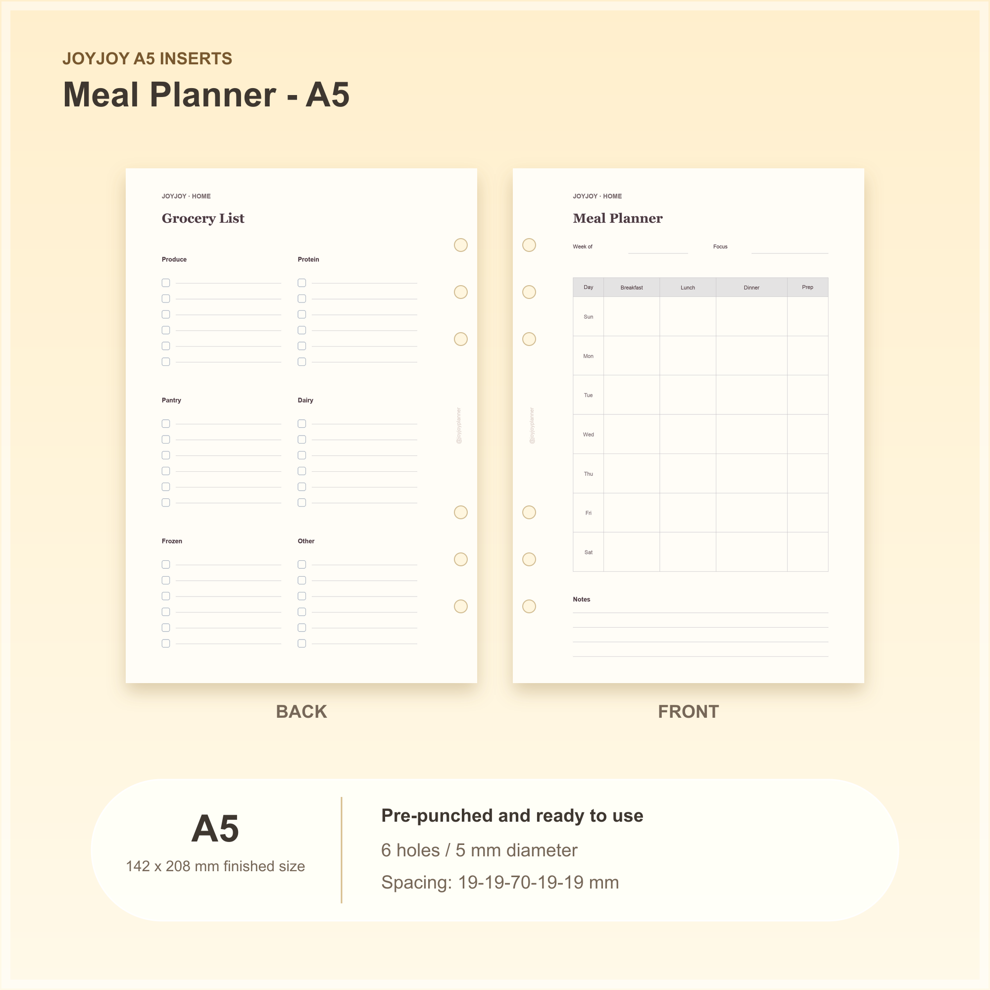 Meal Planner A5 planner insert with finished size and hole spacing information