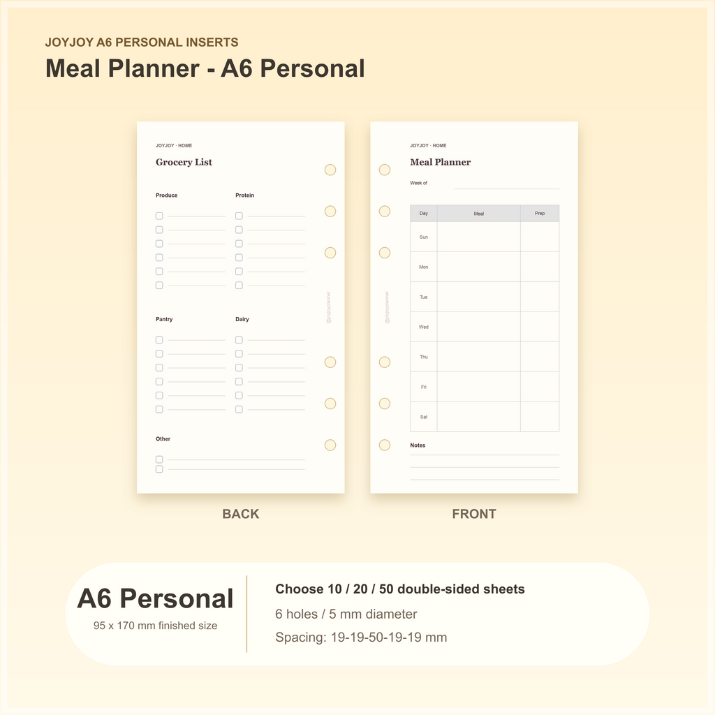 Meal Planner A6 Personal planner insert with finished size and hole spacing information