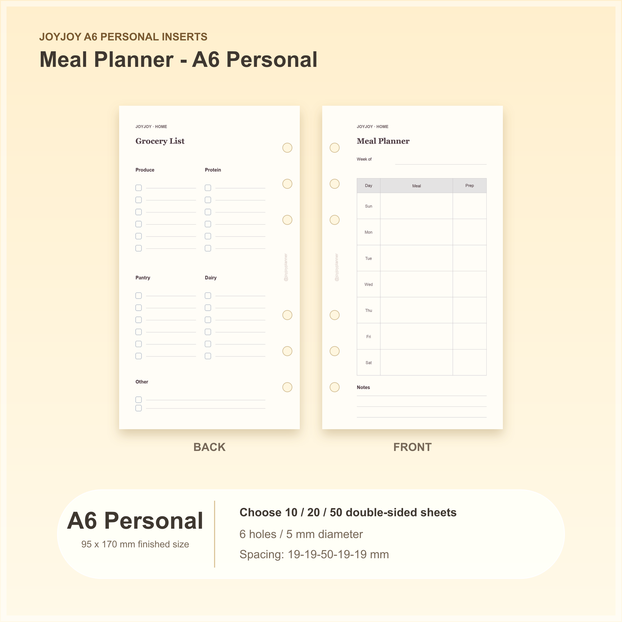 Meal Planner A6 Personal planner insert with finished size and hole spacing information