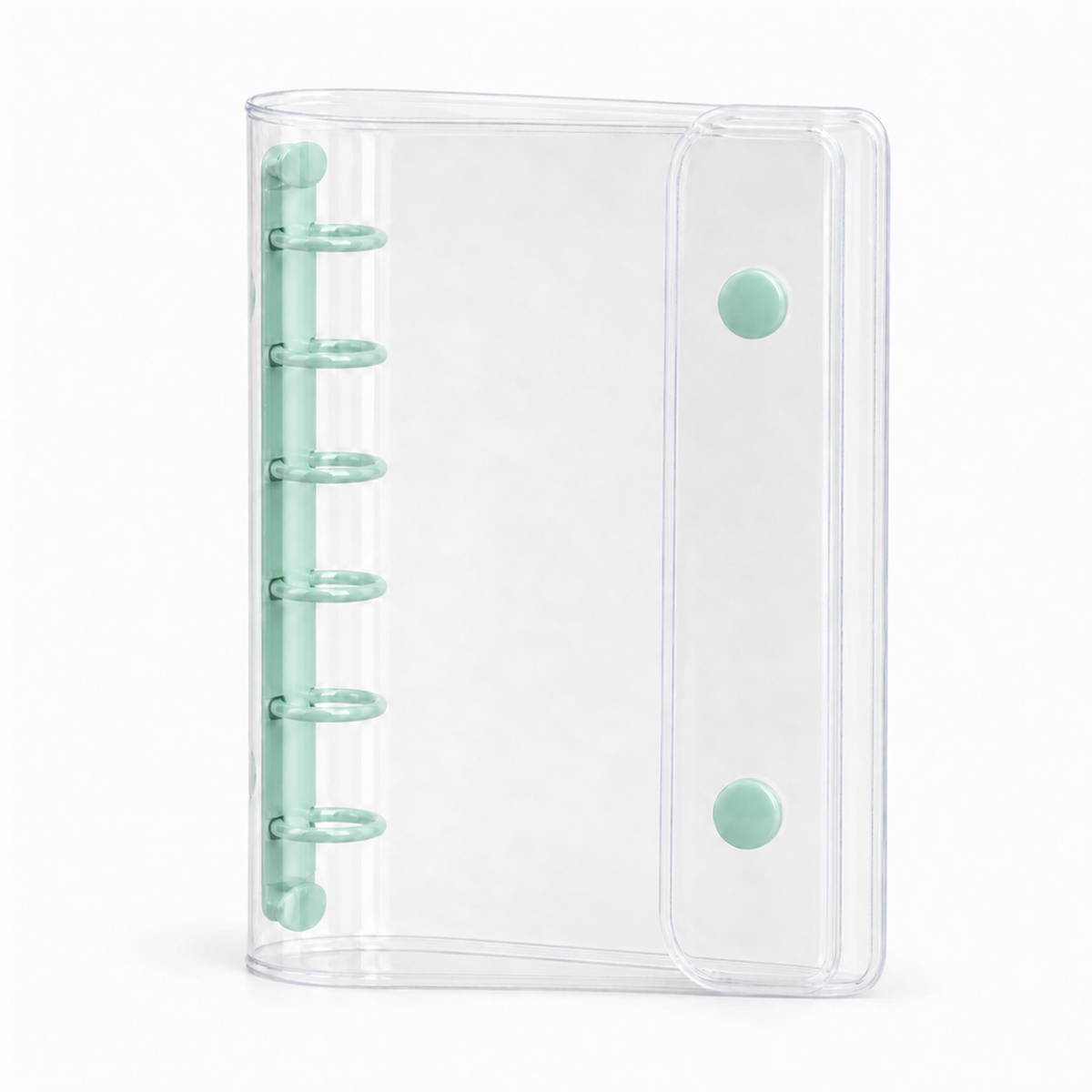 Mint Green A7 Clear Double-Snap 6-Ring Planner Binder Cover on a white background