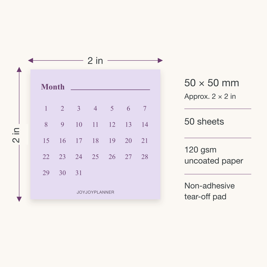 Monthly tracker notepad size 50 by 50 mm with 50 sheets