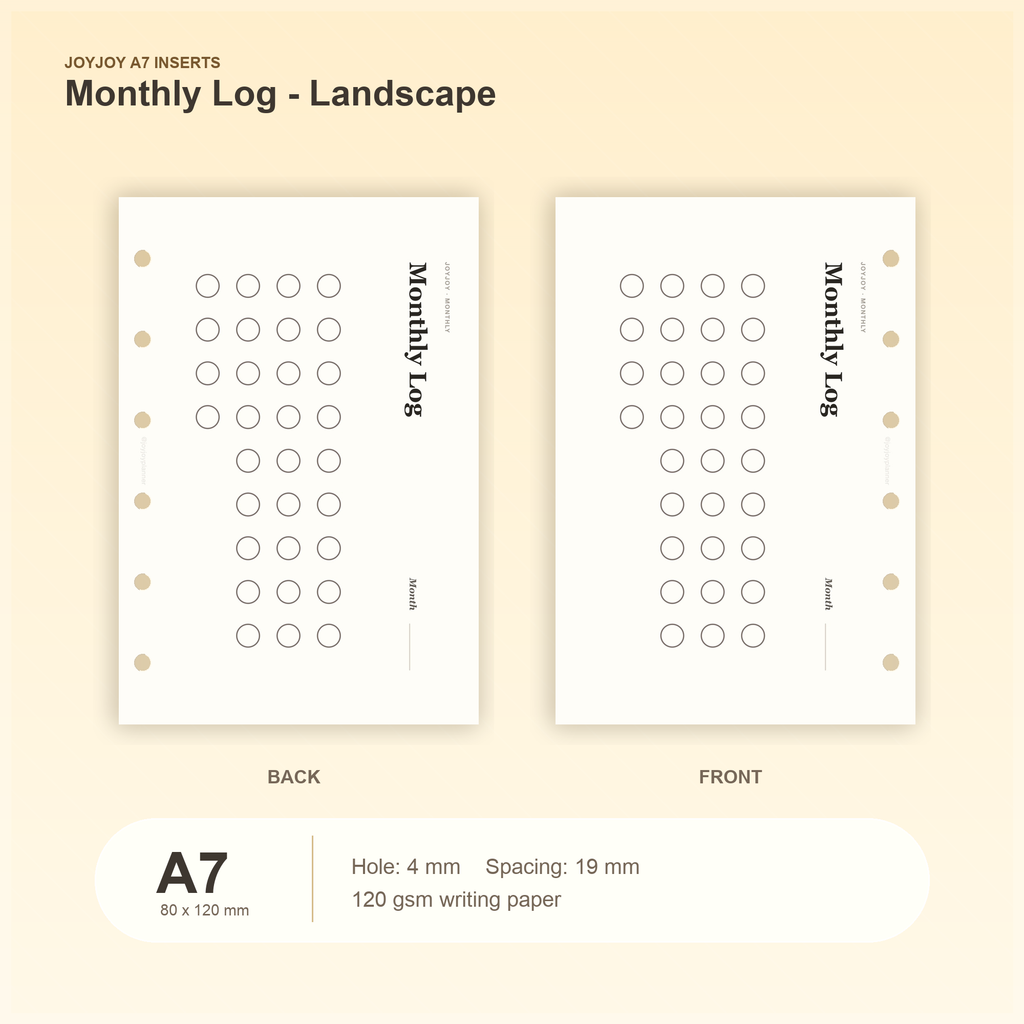 Monthly Log Landscape A7 pocket planner insert with size, hole spacing and paper information