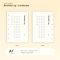 Monthly Log Landscape A7 pocket planner insert with size, hole spacing and paper information
