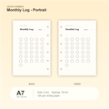 Monthly Log Portrait A7 pocket planner insert with size, hole spacing and paper information