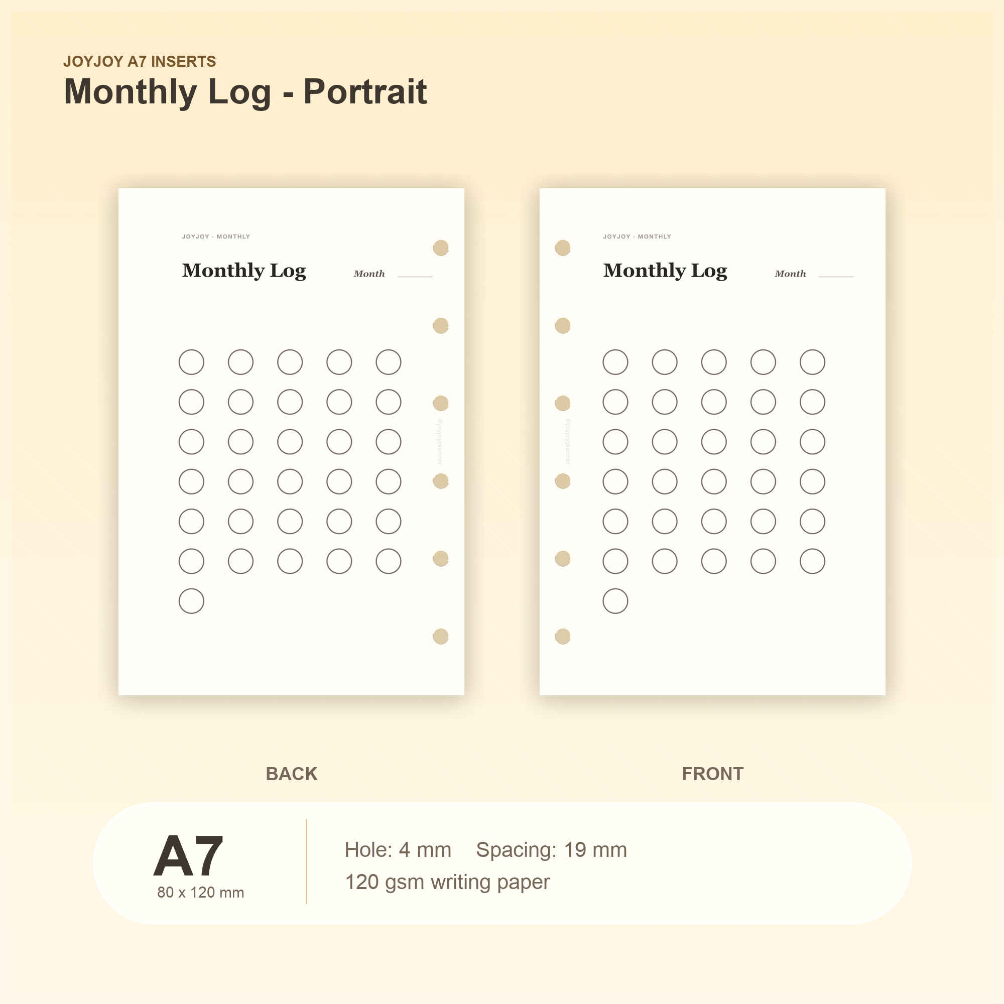 Monthly Log Portrait A7 pocket planner insert with size, hole spacing and paper information