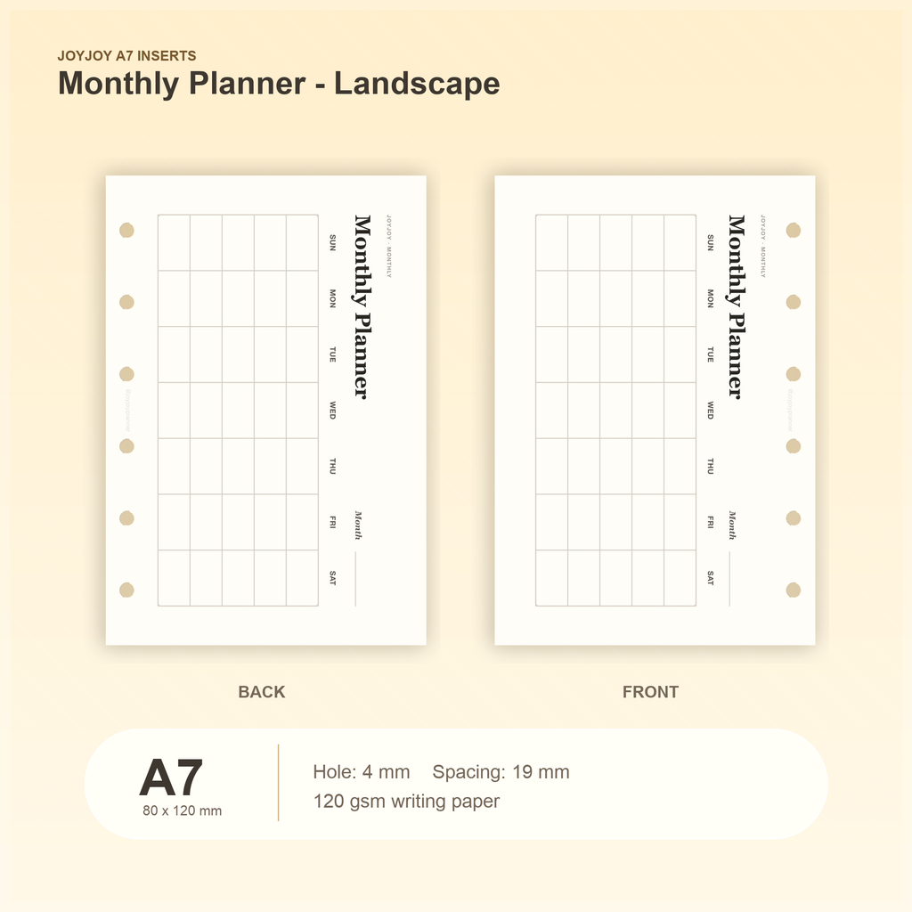 Monthly Planner Landscape A7 pocket planner insert with size, hole spacing and paper information
