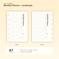 Monthly Planner Landscape A7 pocket planner insert with size, hole spacing and paper information