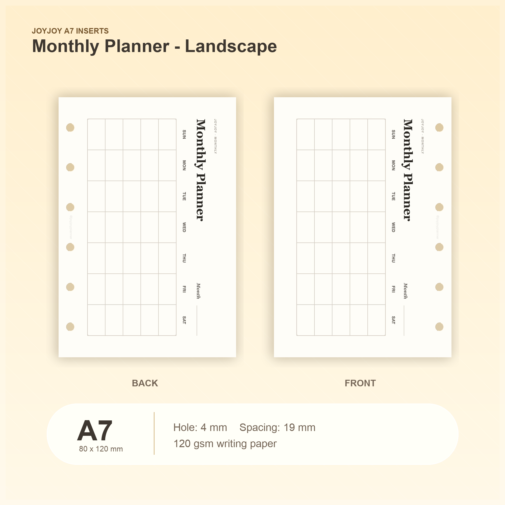Monthly Planner Landscape A7 pocket planner insert with size, hole spacing and paper information