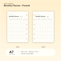 Monthly Planner Portrait A7 pocket planner insert with size, hole spacing and paper information