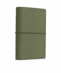 Olive Green A6 Personal six-ring planner cover with elastic closure on a white background