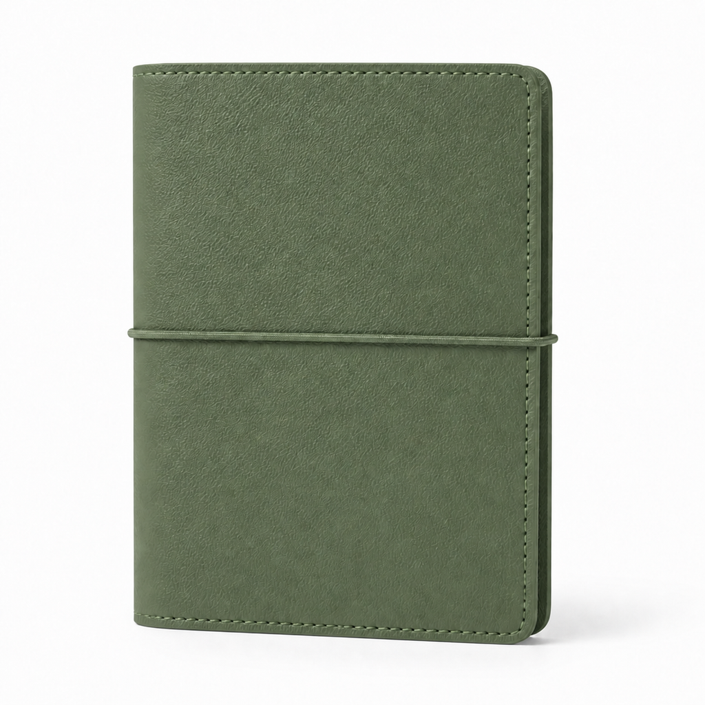 Olive Green A7 Pocket six-ring planner cover with elastic closure on a white background