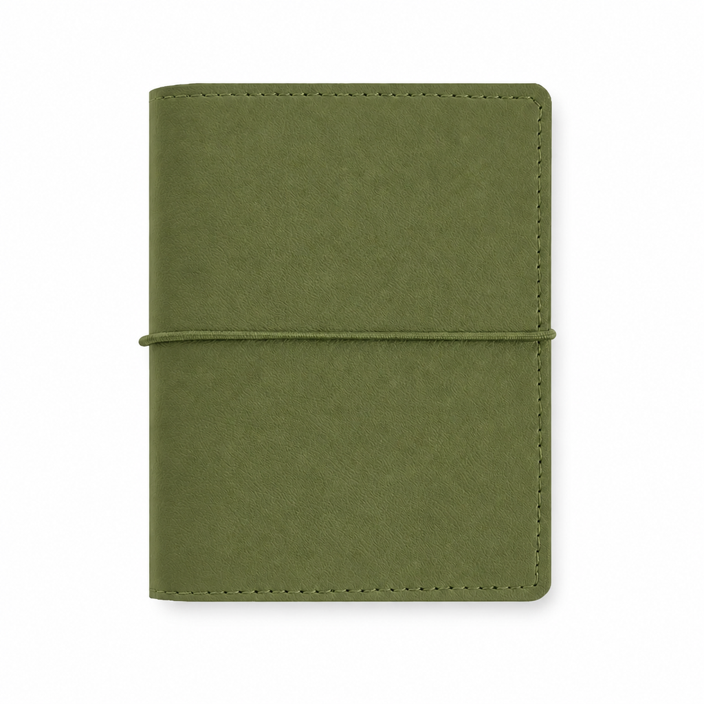 Olive Green M5 Wide five-ring planner cover with elastic closure on a white background