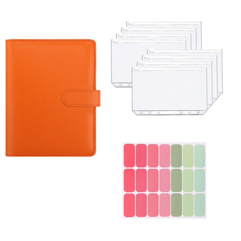Orange A5 macaron planner binder set with zipper pouches and colorful labels on a white background