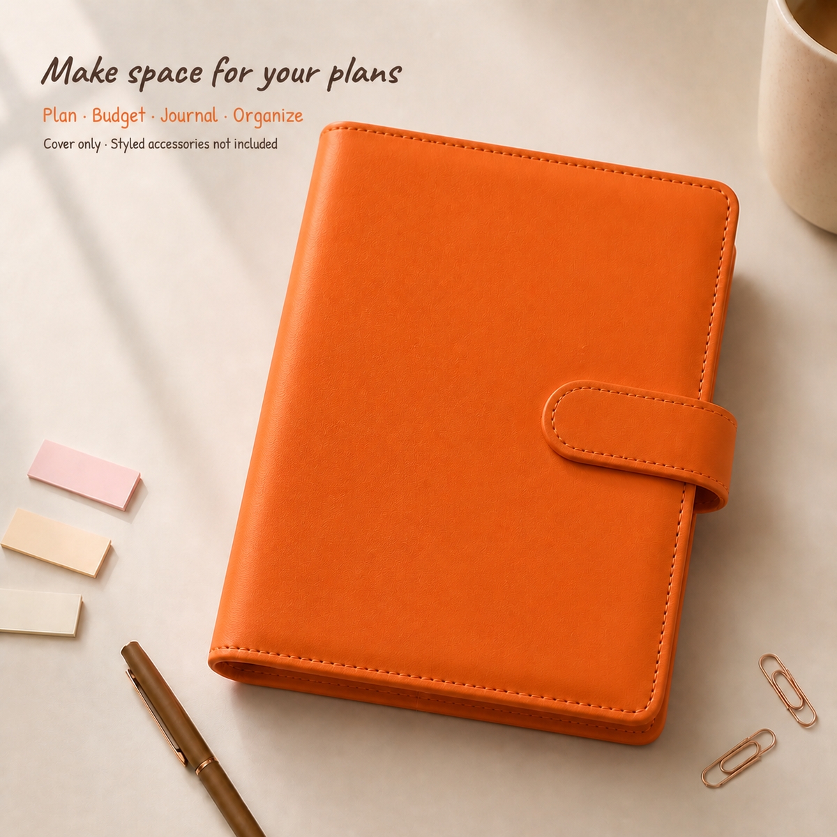 Orange A5 Macaron Planner Binder on a calm morning desk, cover only