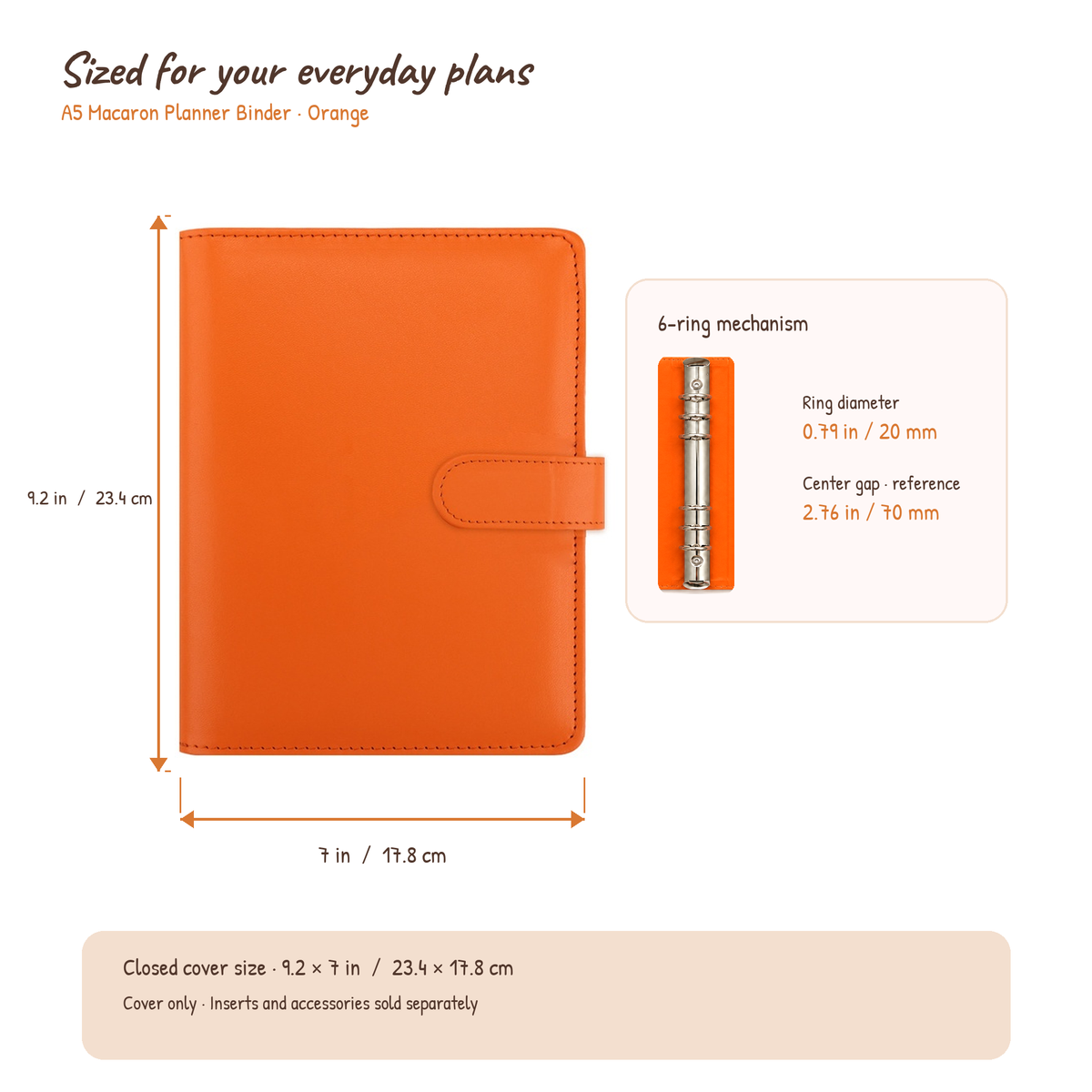 Orange A5 Macaron Planner Binder size and six-ring compatibility guide