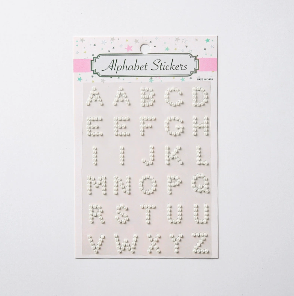 White pearl uppercase alphabet letter sticker sheet with 31 self-adhesive letters