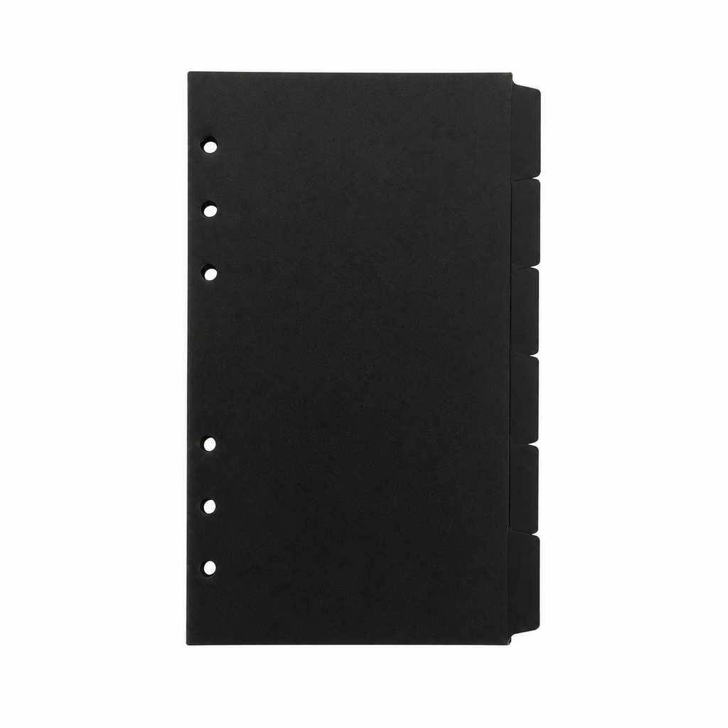Black A6 six-ring planner dividers with six side tabs on a white background