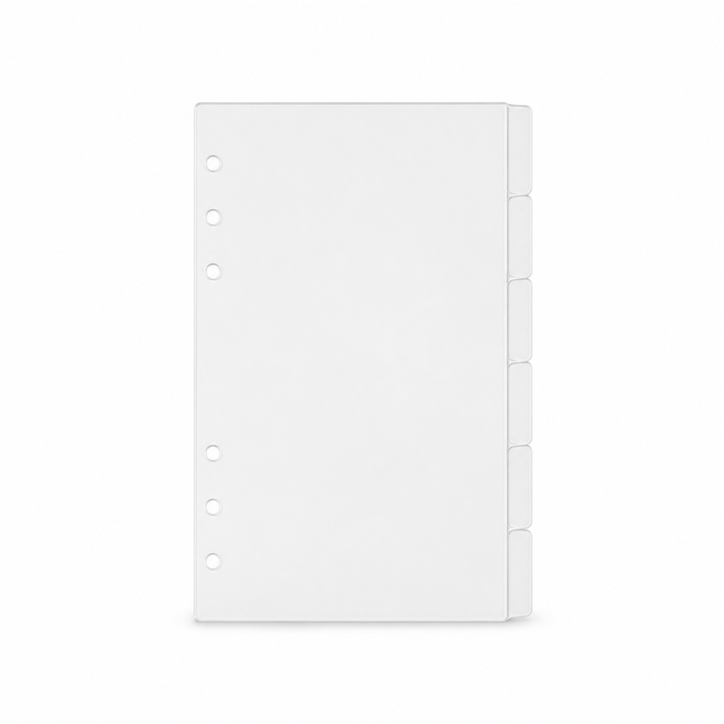 Clear A6 six-ring planner dividers with six side tabs on a white background