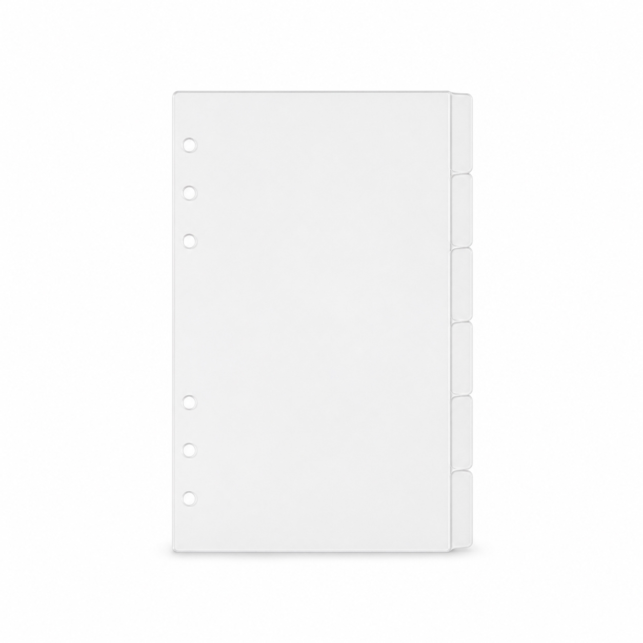 Clear A6 six-ring planner dividers with six side tabs on a white background