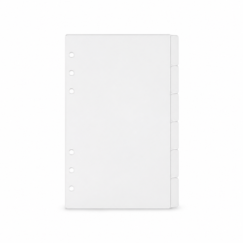 Clear A6 six-ring planner dividers with six side tabs on a white background
