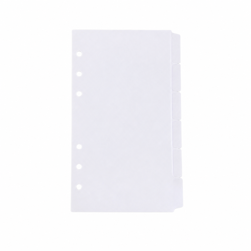 White A6 six-ring planner dividers with six side tabs on a white background