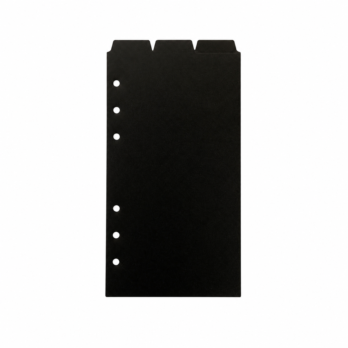 Black A6 six-ring planner dividers with three top tabs on a white background
