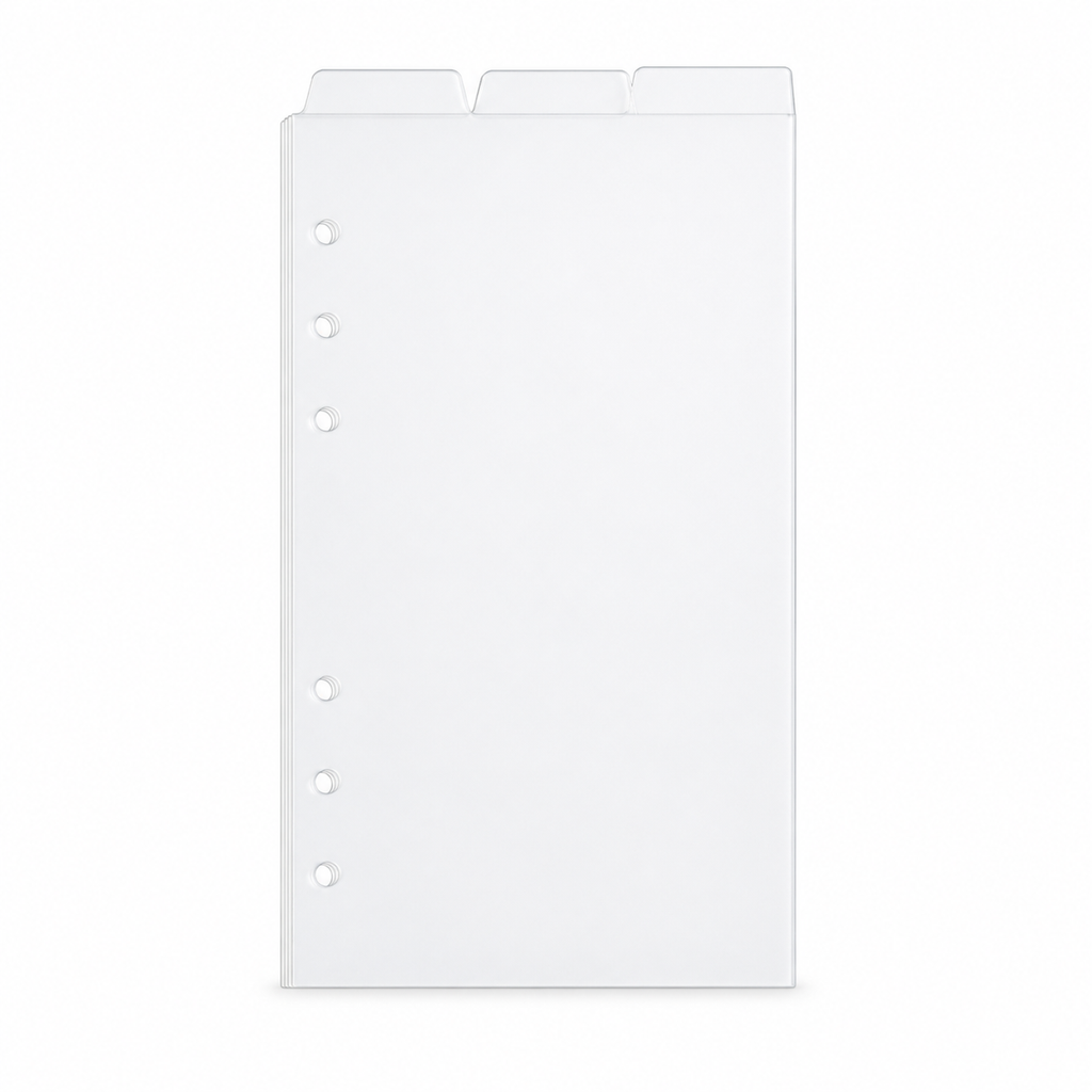 Clear A6 six-ring planner dividers with three top tabs on a white background