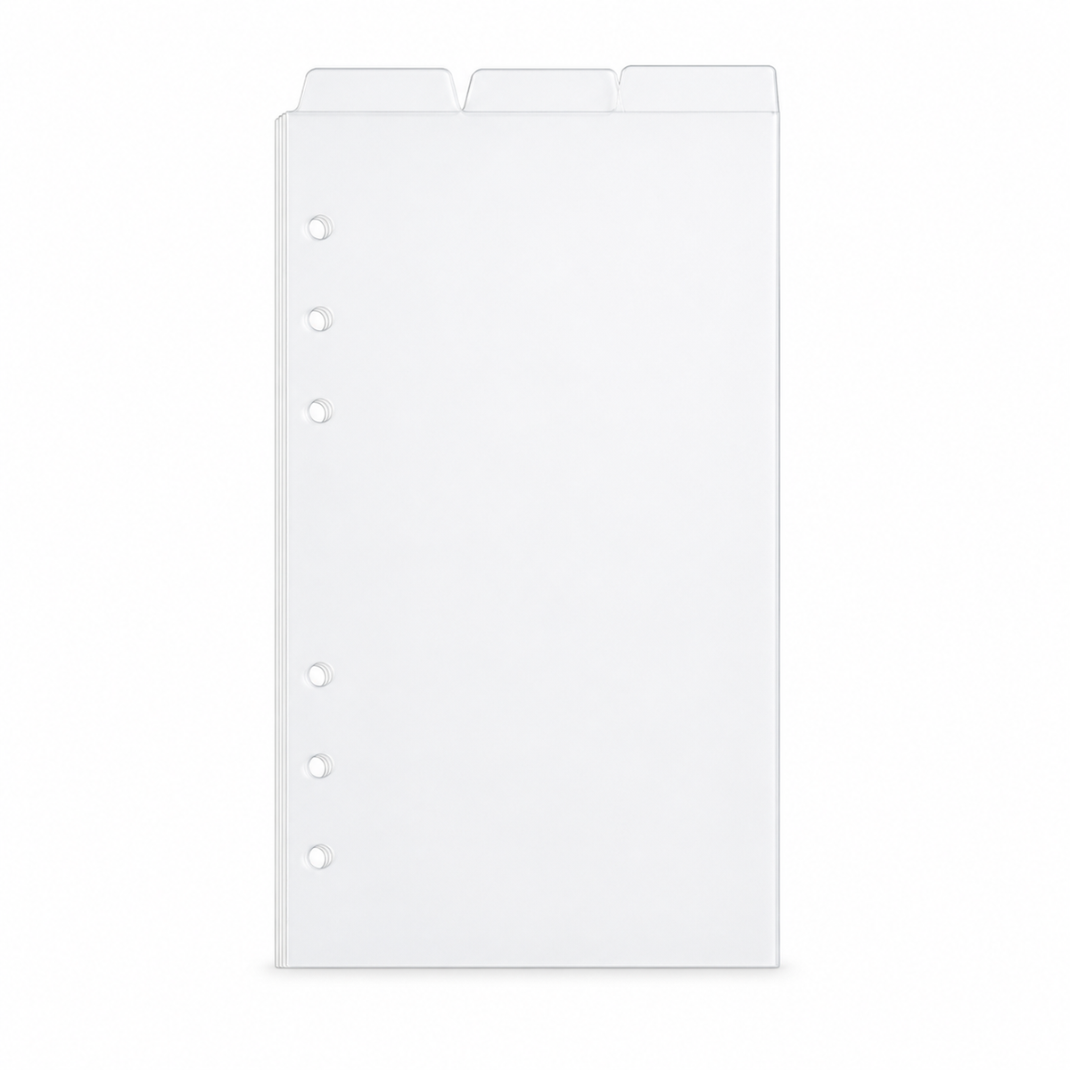 Clear A6 six-ring planner dividers with three top tabs on a white background