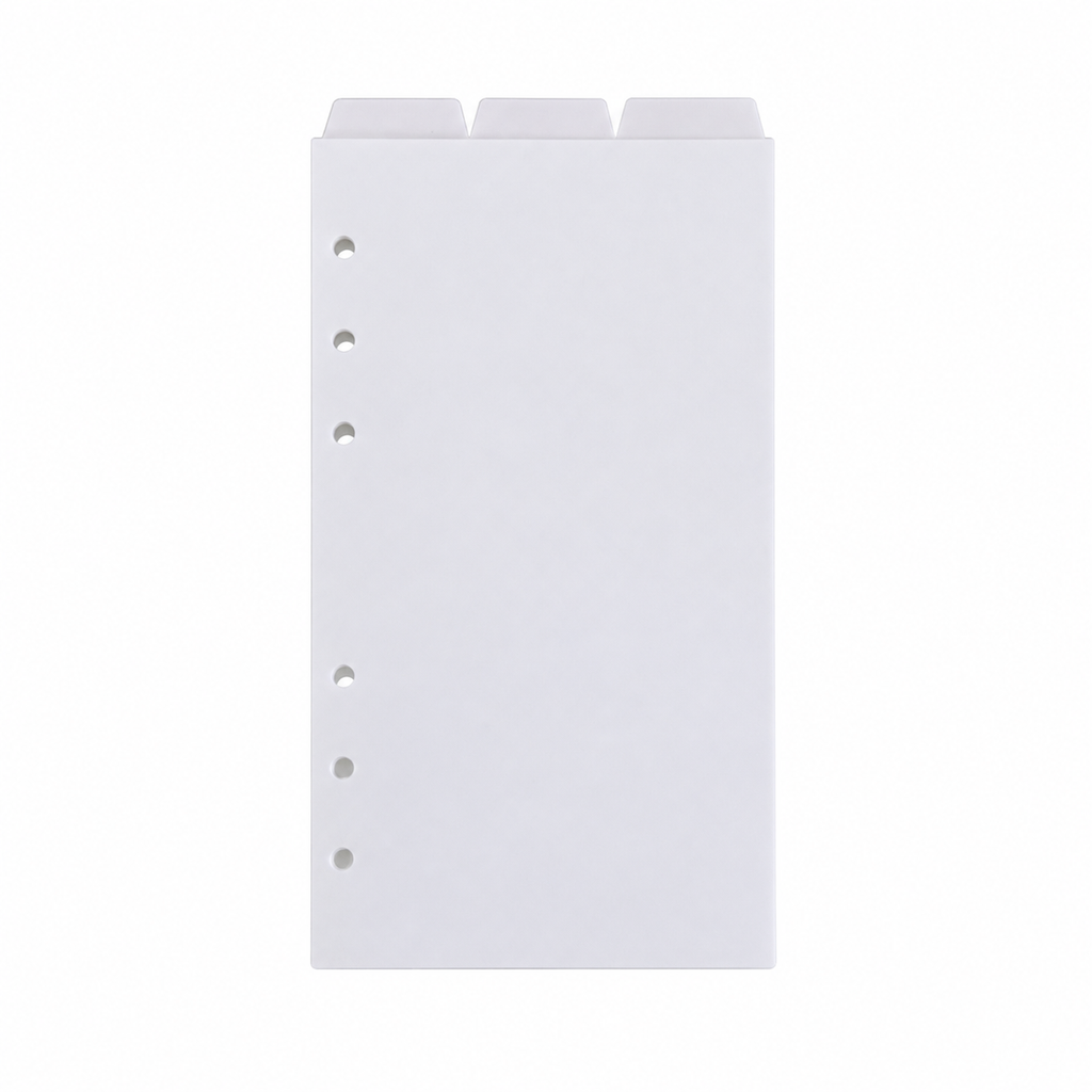 White A6 six-ring planner dividers with three top tabs on a white background