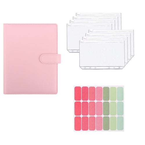 Soft pink A5 macaron planner binder set with zipper pouches and colorful labels on a white background
