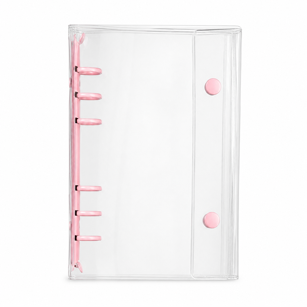 Pink A6 Clear Double-Snap 6-Ring Planner Binder Cover on a white background