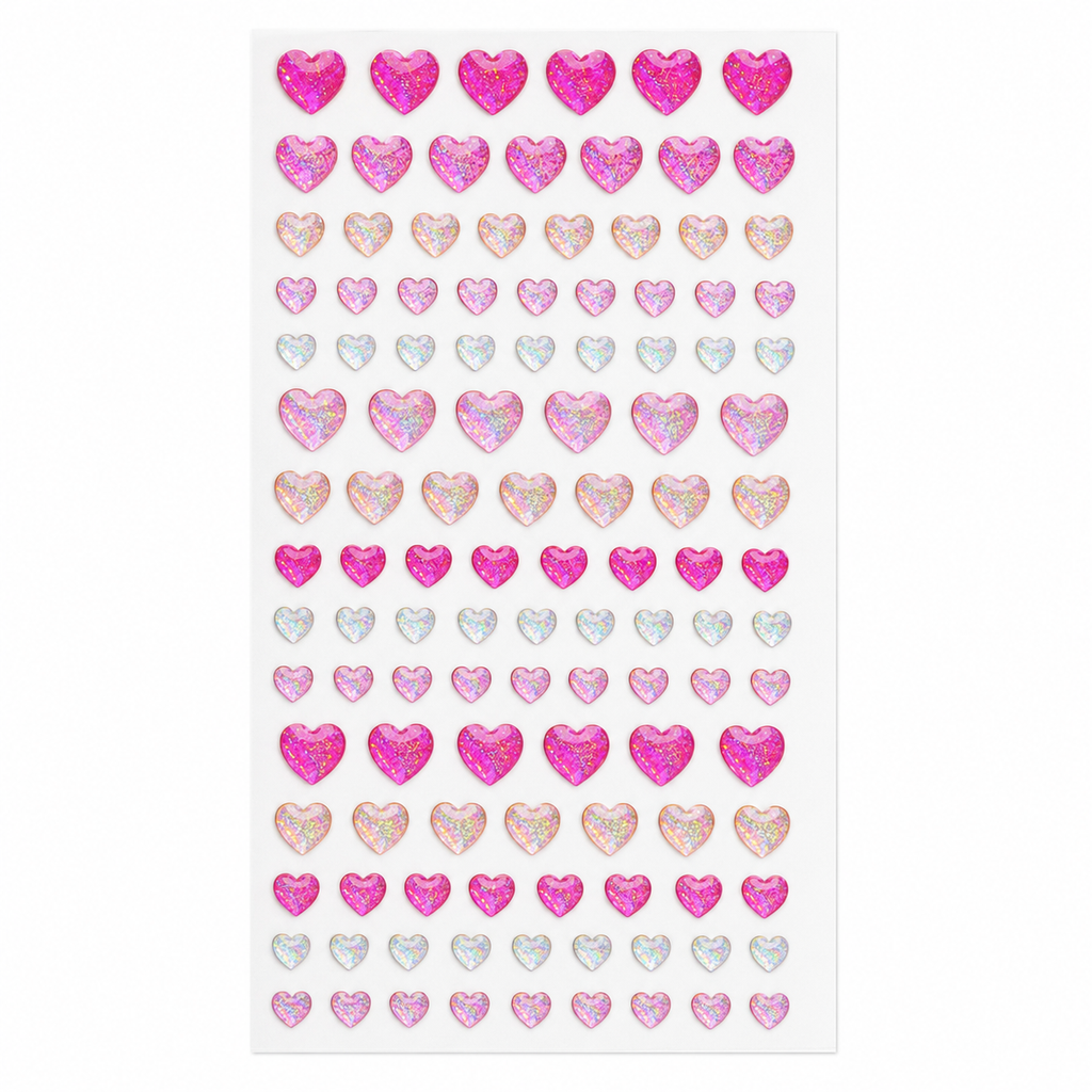 Pink holographic 3D glitter heart gem sticker sheet