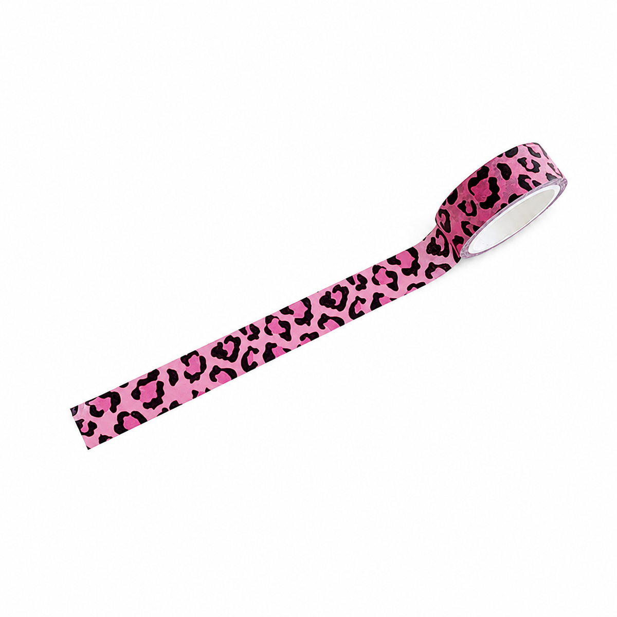 Pink leopard print washi tape roll on a white background