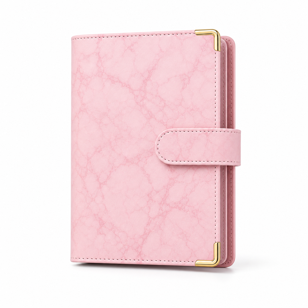 Pink marble A6 budget binder cover with gold corner protectors on a white background