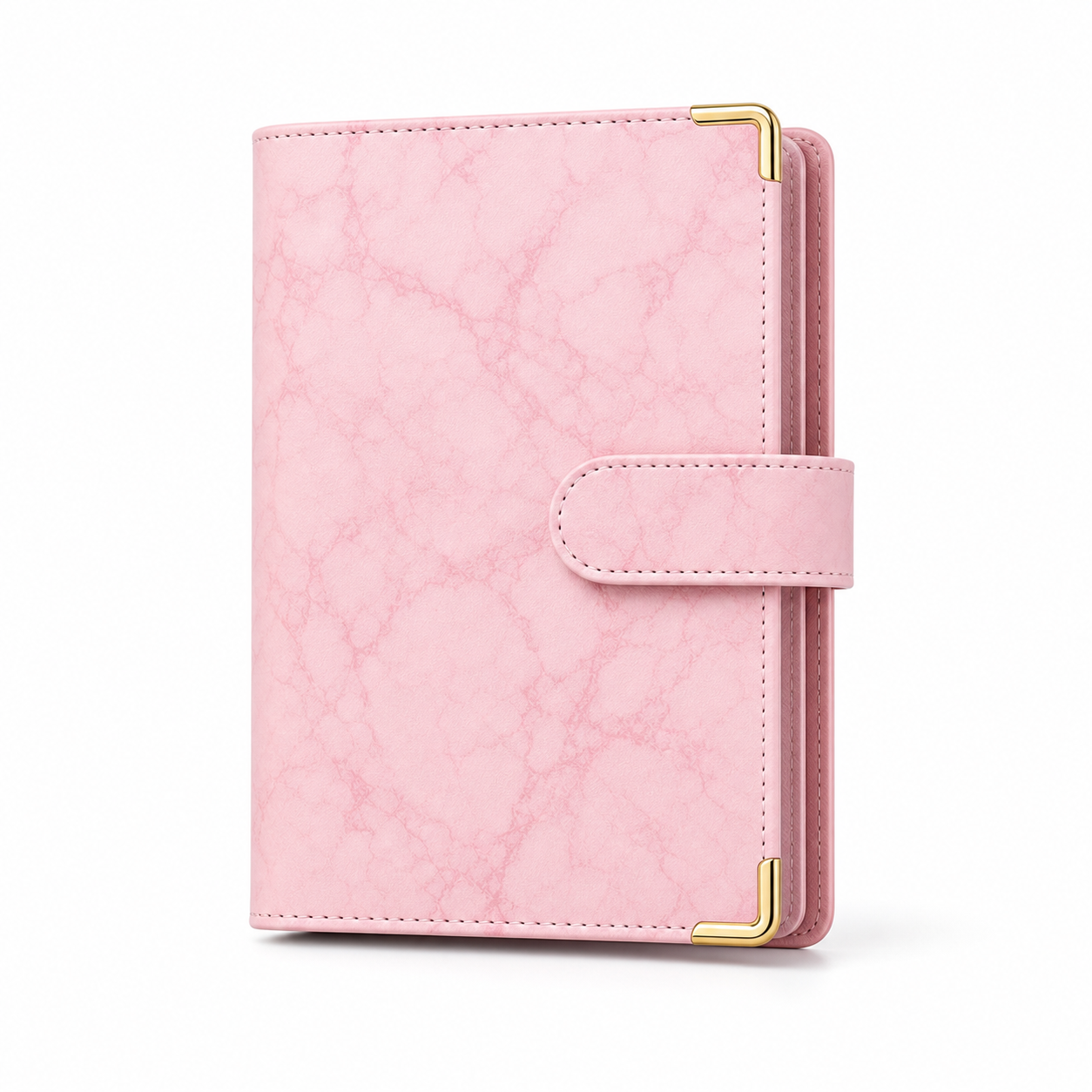 Pink marble A6 budget binder cover with gold corner protectors on a white background