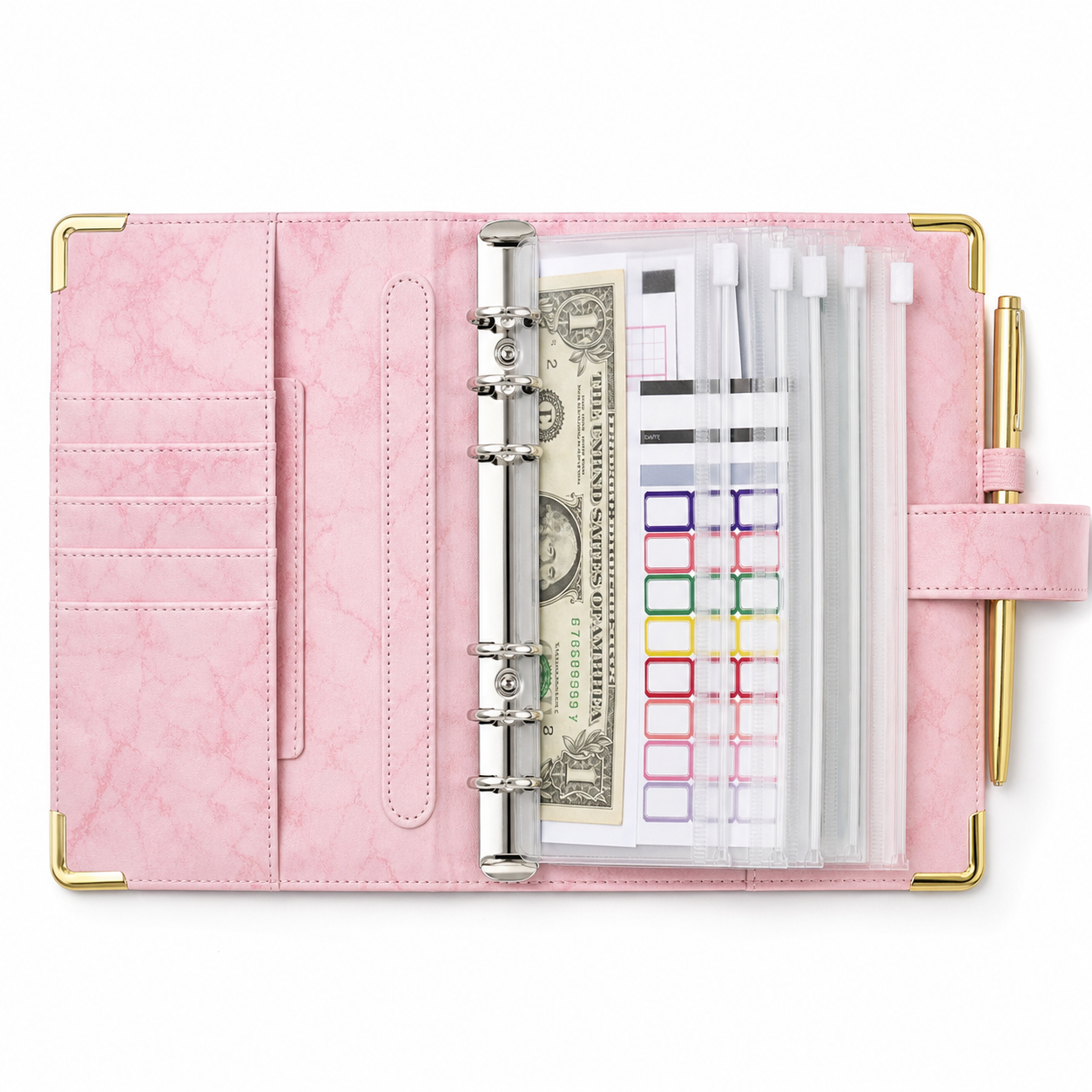 Open pink marble A6 cash envelope budget binder with clear zipper envelopes on a white background