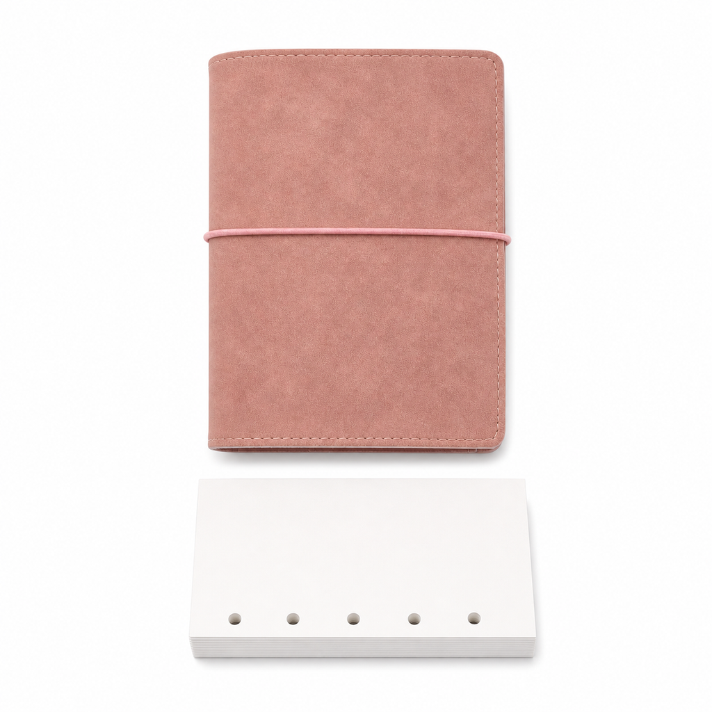 Dusty pink M5 pocket planner cover with 50 five-hole blank refill sheets on white background