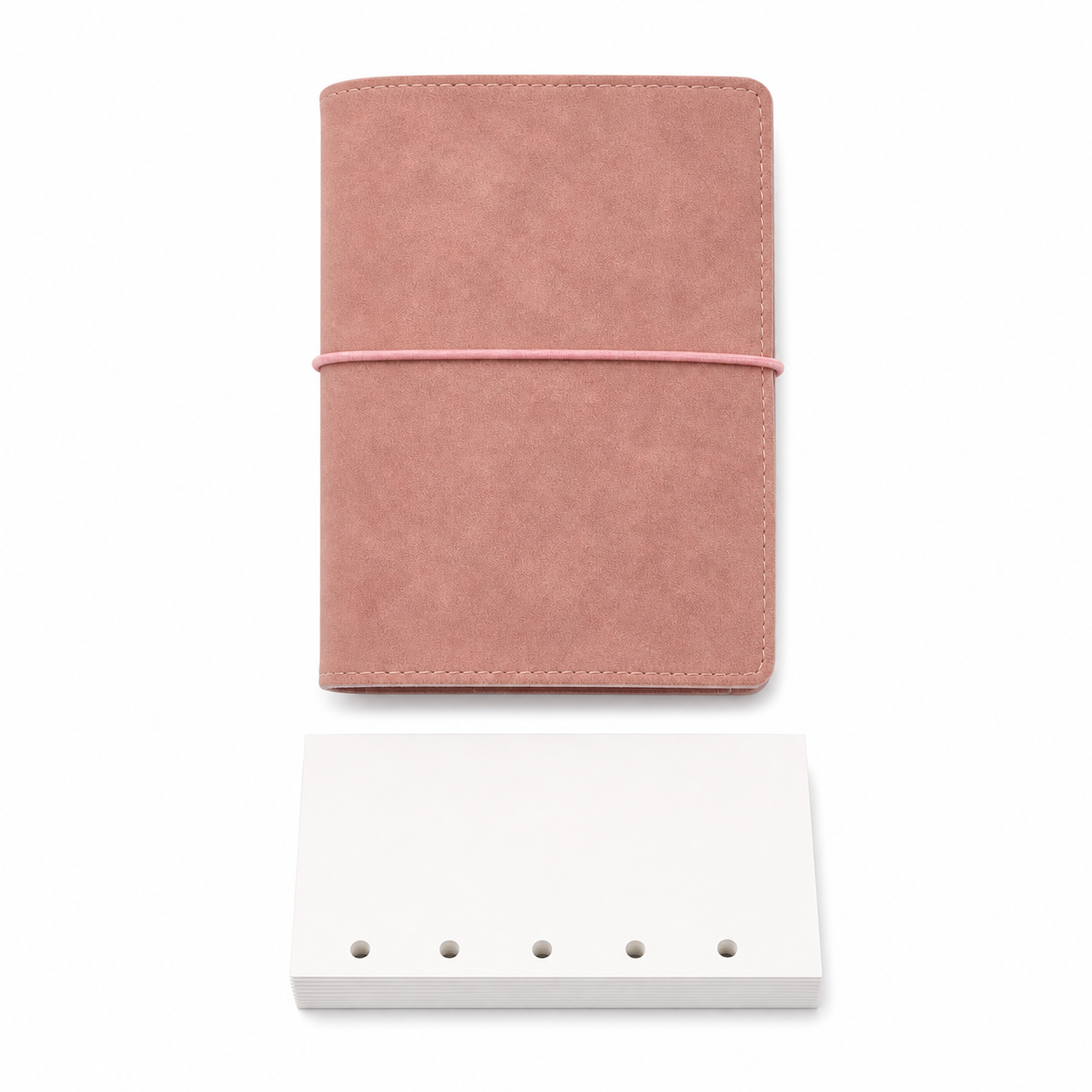Dusty pink M5 pocket planner cover with 50 five-hole blank refill sheets on white background