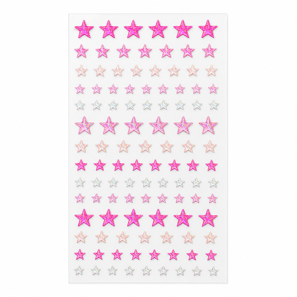 Pink holographic 3D glitter star gem sticker sheet