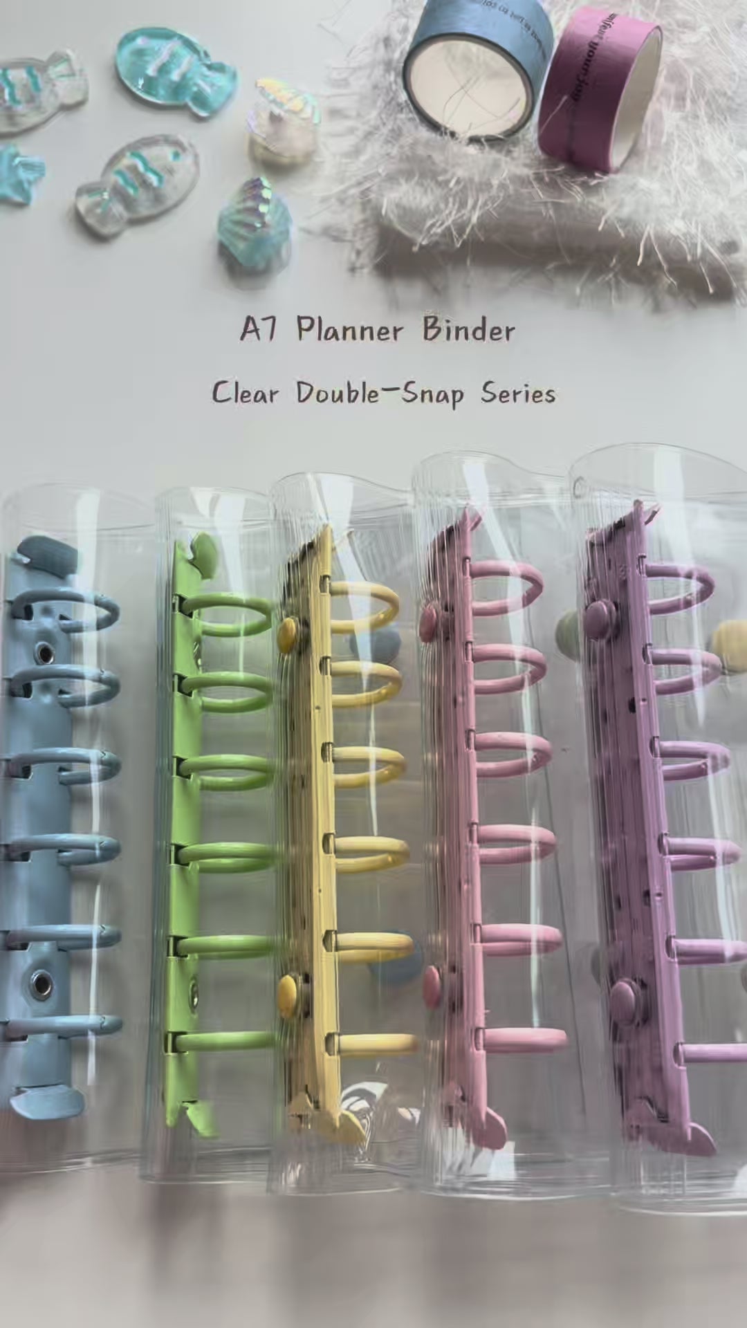 A7 Clear Double-Snap 6-Ring Planner Binder Cover in Blue, Green, Yellow, Pink, and Purple; cover only, inserts and accessories sold separately