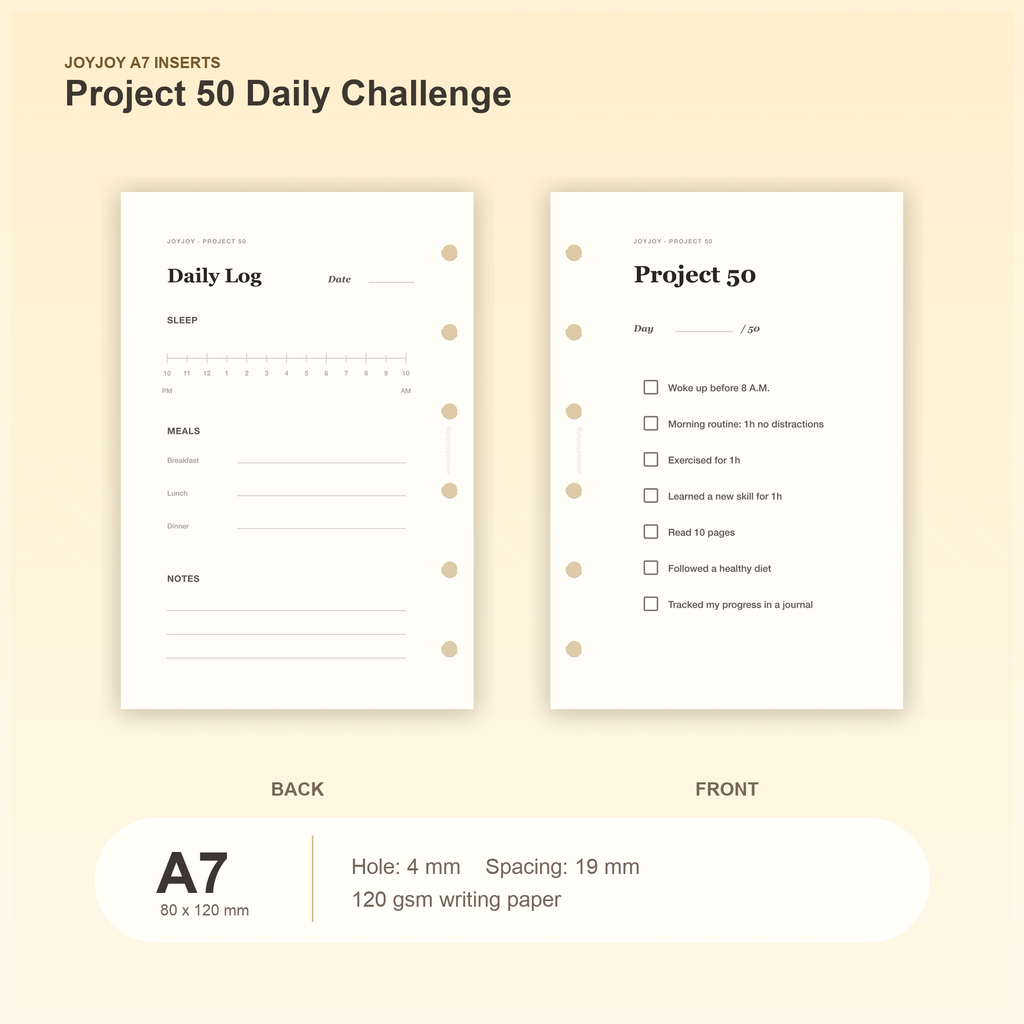 Project 50 Daily Challenge A7 pocket planner insert with size, hole spacing and paper information