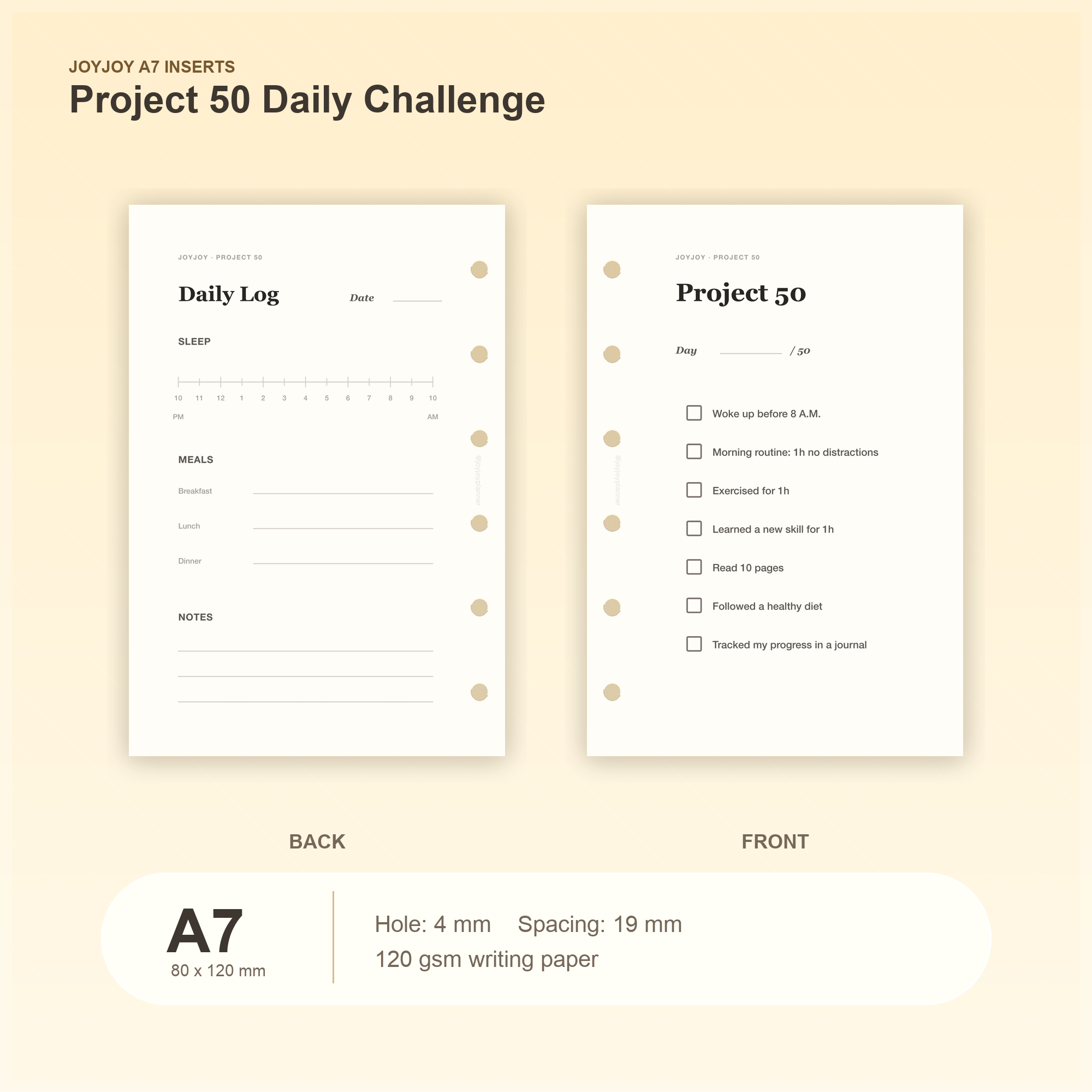 Project 50 Daily Challenge A7 pocket planner insert with size, hole spacing and paper information