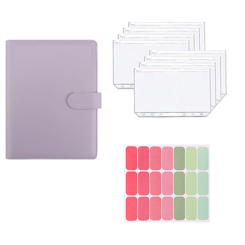 Purple A5 macaron planner binder set with zipper pouches and colorful labels on a white background
