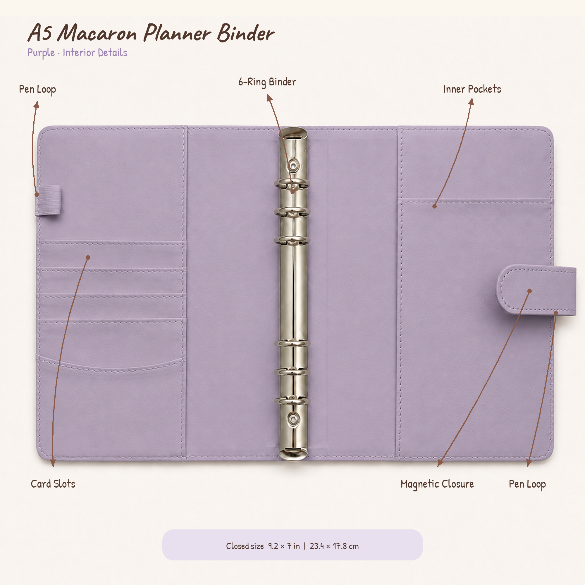 Light purple lavender A5 Macaron Planner Binder interior with card slots, pockets, pen loops, magnetic closure and six-ring mechanism