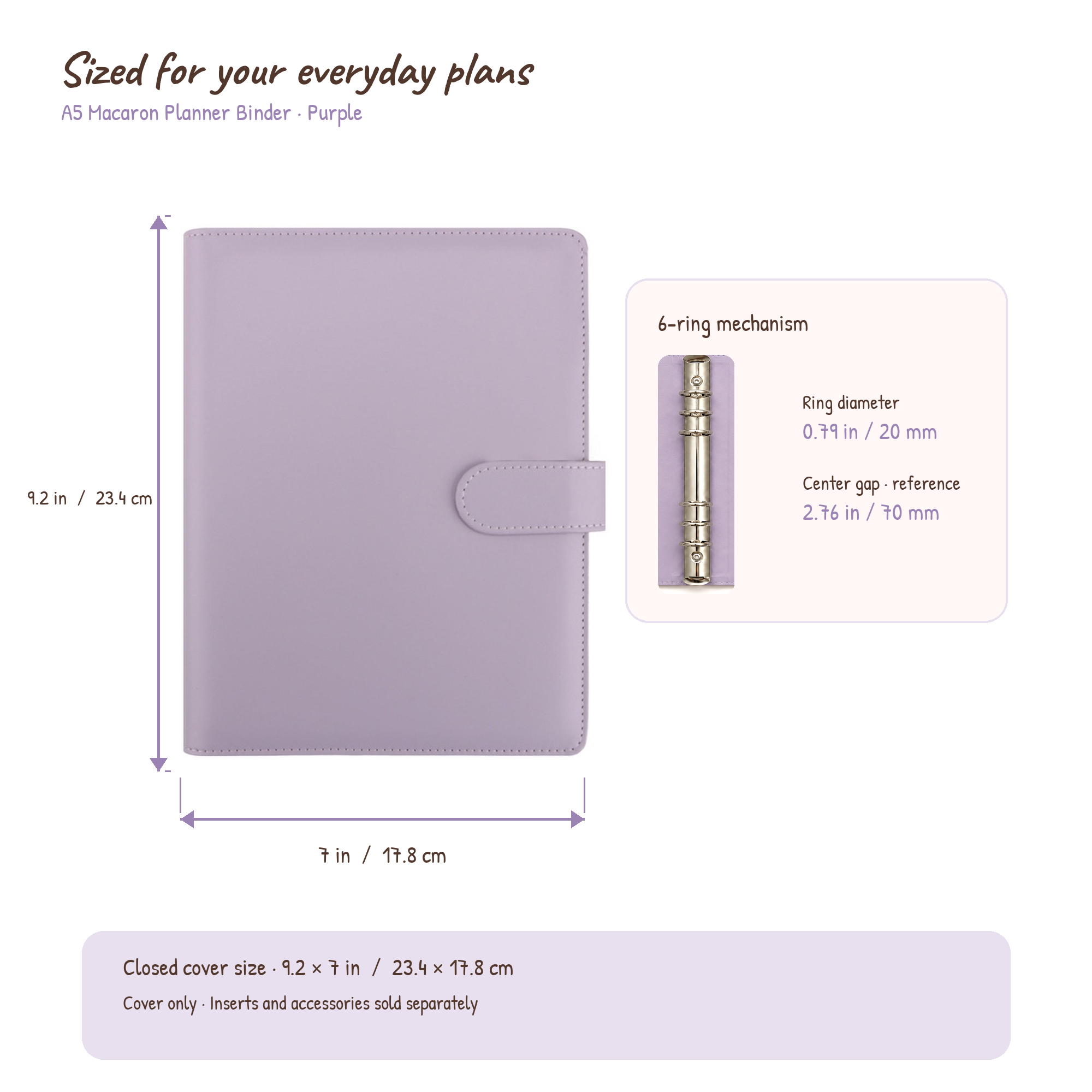 Light purple lavender A5 Macaron Planner Binder size and six-ring compatibility guide
