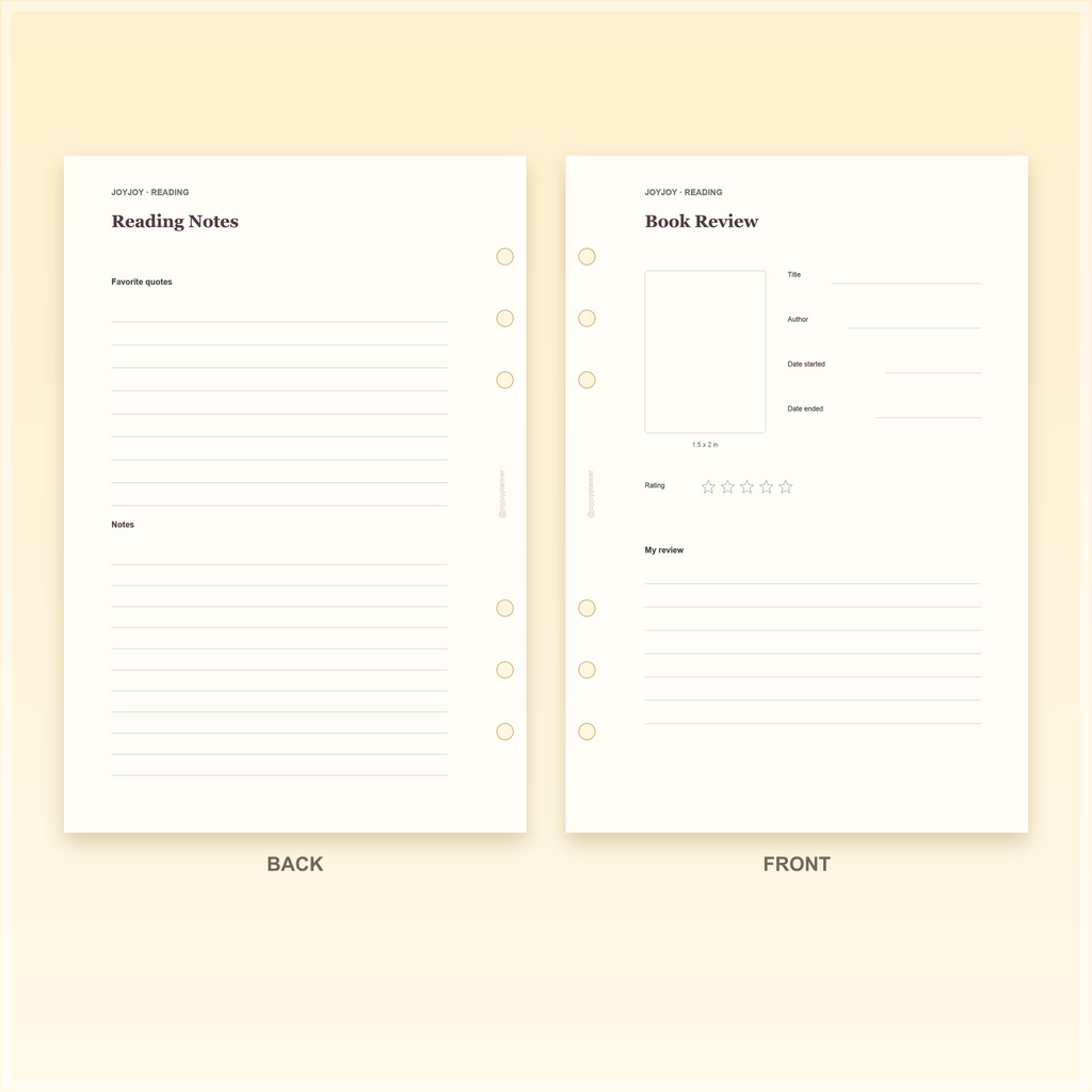 Reading Tracker A5 planner insert front and back design preview