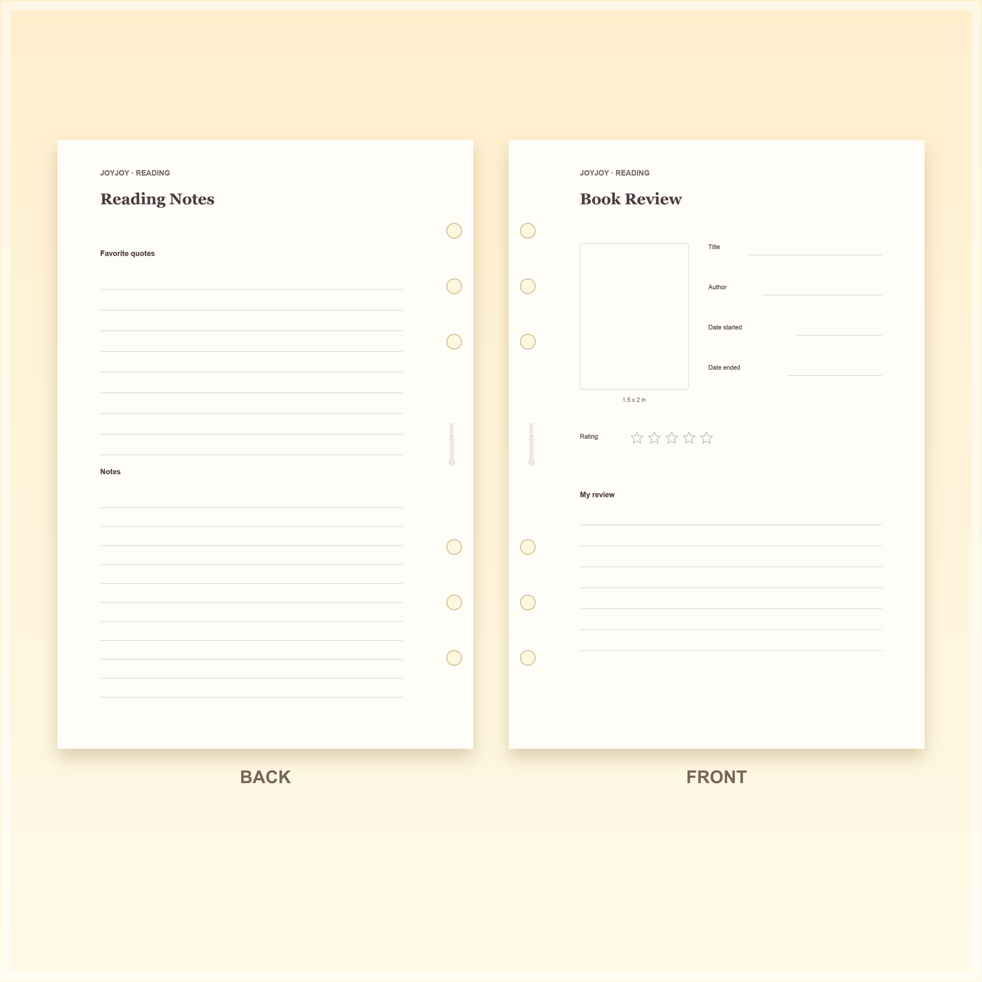 Reading Tracker A5 planner insert front and back design preview
