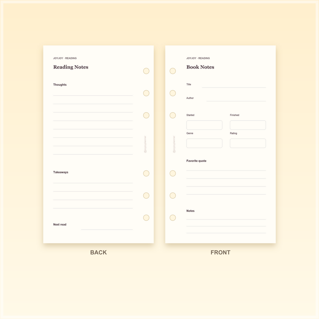 Reading Tracker A6 Personal planner insert front and back design preview