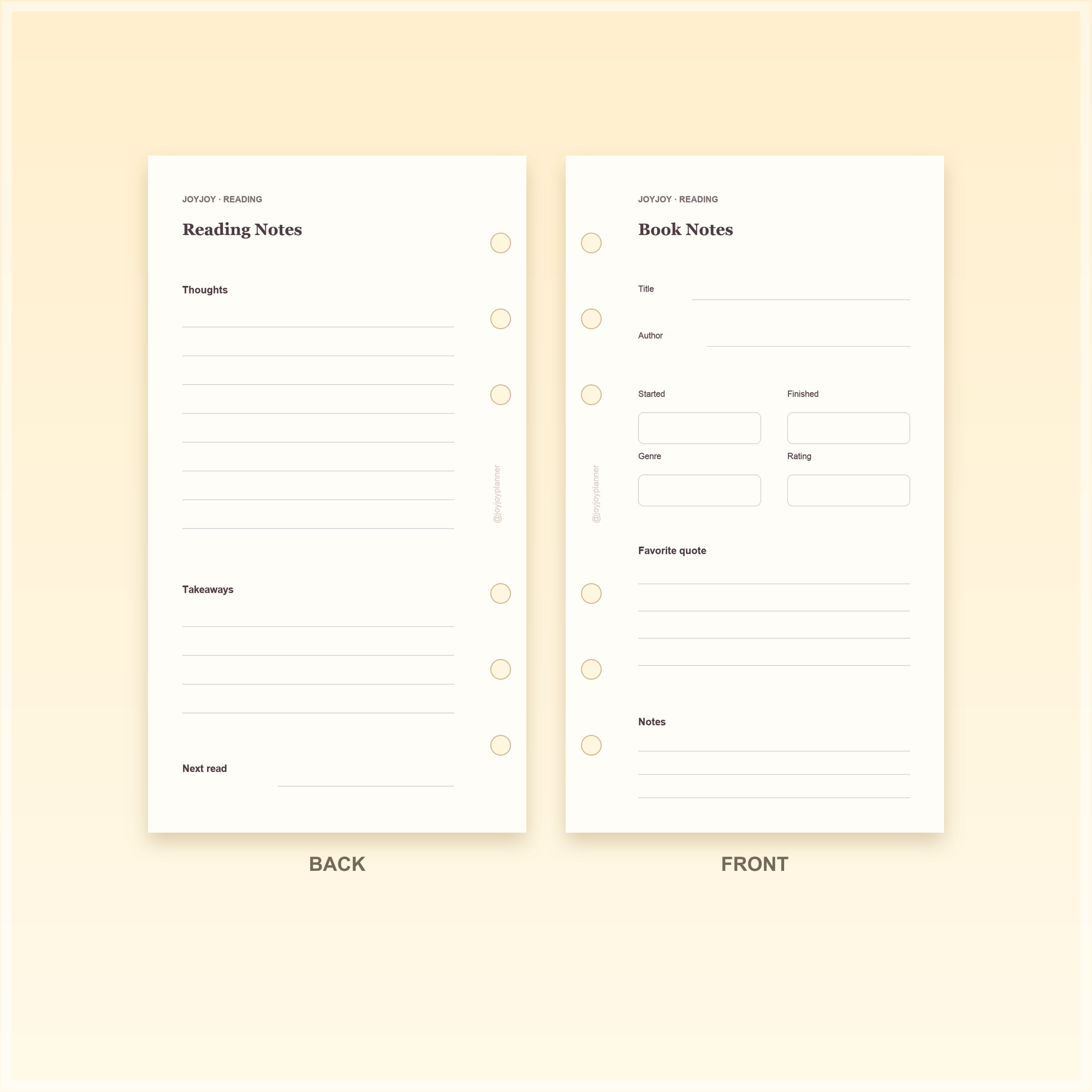 Reading Tracker A6 Personal planner insert front and back design preview