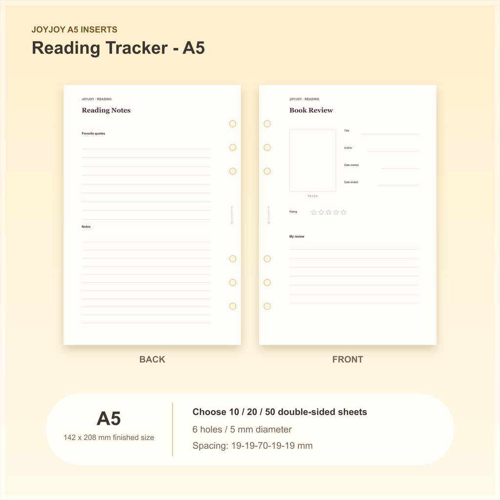 Reading Tracker A5 planner insert with finished size and hole spacing information